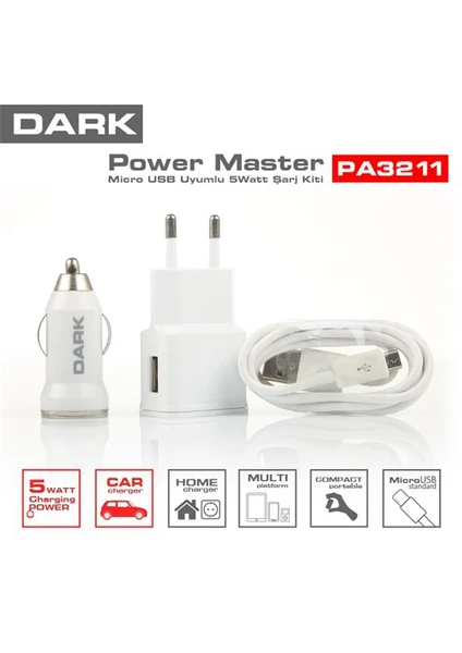 Power Master Micro USB Kablolu 5V/1A Ev-Araç Şarj Cihazı Kiti (DK-AC-PA3211)