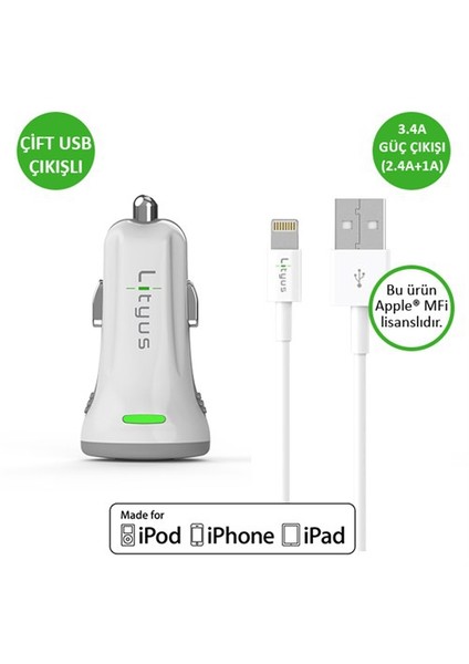 Çift Çıkışlı Araç Şarj Cihazı + Lightning Kablo (Beyaz) - AKLCCD039902