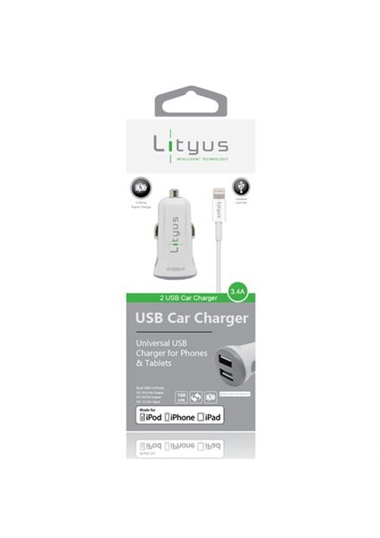 Çift Çıkışlı Araç Şarj Cihazı + Lightning Kablo (Beyaz) - AKLCCD039902