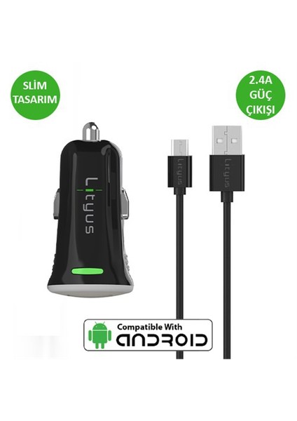 Araç Şarj Cihazı + Micro Usb Kablo (Siyah) - AKLCCS0201