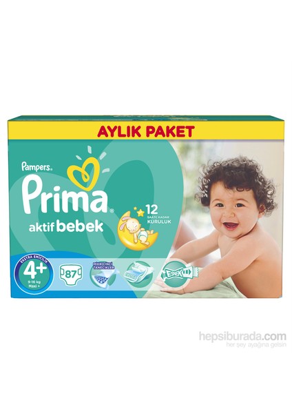 Bebek Bezi Aktif Bebek Aylık Paket 4+ Beden 87 Adet
