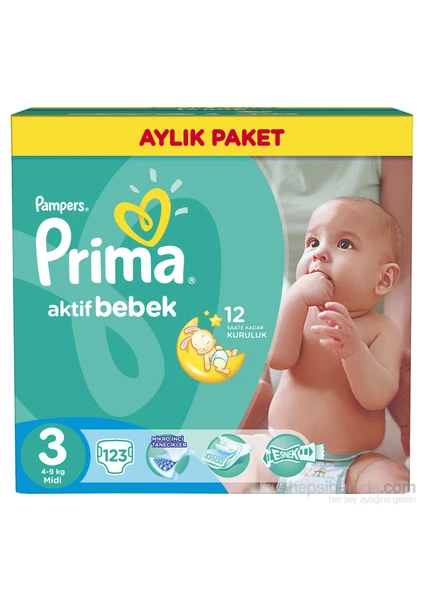 Bebek Bezi Aktif Bebek Aylık Paket 3 Beden 123 Adet