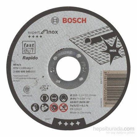 Bosch - Expert Serisi Inox (Paslanmaz Çelik) İçin Düz Kesme Diski (Taş) – Rapido - As 60 T Inox Bf, 115 Mm, 1,0 Mm