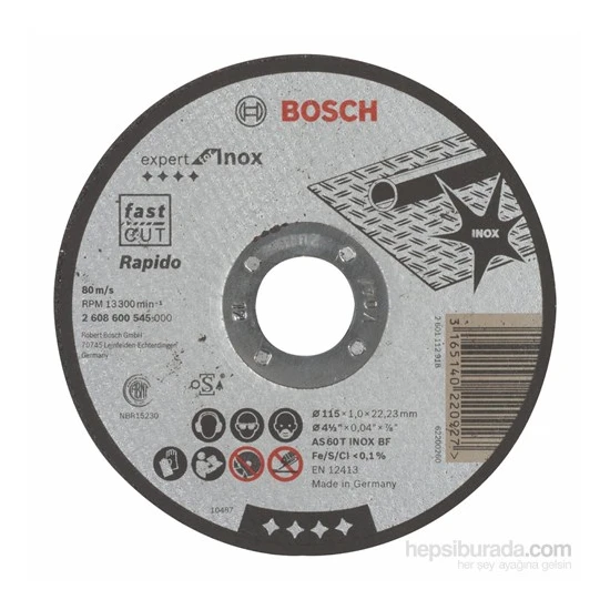 Bosch  - Expert Serisi Inox (Paslanmaz Çelik) İçin Düz Kesme Diski (Taş) – Rapido - As 60 T Inox Bf, 115 Mm, 1,0 Mm