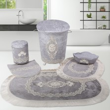 Bonny Home Exclusive Gri 6 Prç Dantelli Banyo Kirli Çamaşır Sepeti Seti + Banyo Paspası Seti
