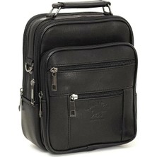 Avca Erkek Siyah Telefon Bölmeli Çelik Kasalı Hakiki Deri El Çantası