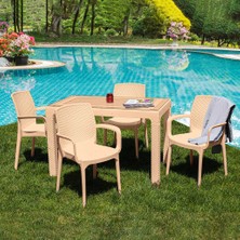 Violet 70*120 Rattan Trend Lüx Camlı Masa Takımı 4 Adet Natura Sandalyeli Cappucino