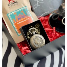 Giftmoda Siyah Mermer Tasarımlı Mini Albüm Türk Kahvesi Atatürk Silüetli Köstekli Saat ve Kahve Fincanı