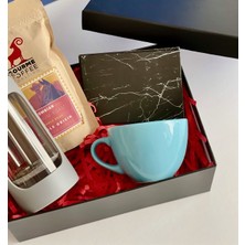 Giftmoda Siyah Mermer Tasarımlı Mini Albüm Mavi Çay Fincanı Filtre Kahve ve French Press Seti