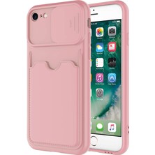 Case World Caseworld Apple iPhone 7 Kapak Lensi Açılır Kapanır Kamera Korumalı Kartvizitli Silikon Kılıf - Pudra