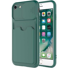 Case World Caseworld Apple iPhone 7 Kapak Lensi Açılır Kapanır Kamera Korumalı Kartvizitli Silikon Kılıf - Koyu Yeşil