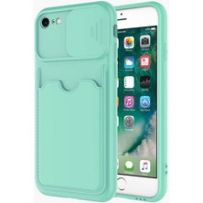 Case World Caseworld Apple iPhone Se 2020 Kapak Lensi Açılır Kapanır Kamera Korumalı Kartvizitli Silikon Kılıf - Turkuaz