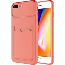 Case World Caseworld Apple iPhone 8 Plus Kapak Lensi Açılır Kapanır Kamera Korumalı Kartvizitli Silikon Kılıf - Turuncu