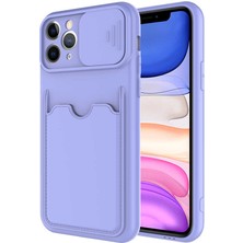 Case World Caseworld Apple iPhone 11 Pro Kapak Lensi Açılır Kapanır Kamera Korumalı Kartvizitli Silikon Kılıf - Lila