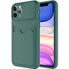 Case World Caseworld Apple iPhone 11 Pro Kapak Lensi Açılır Kapanır Kamera Korumalı Kartvizitli Silikon Kılıf - Koyu Yeşil