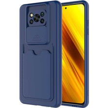 Case World Caseworld Xiaomi Poco X3 Kapak Lensi Açılır Kapanır Kamera Korumalı Kartvizitli Silikon Kılıf - Lacivert