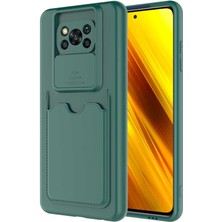 Case World Caseworld Xiaomi Poco X3 Kapak Lensi Açılır Kapanır Kamera Korumalı Kartvizitli Silikon Kılıf - Koyu Yeşil