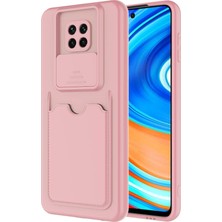 Case World Caseworld Xiaomi Redmi Note 9 Pro Kapak Lensi Açılır Kapanır Kamera Korumalı Kartvizitli Silikon Kılıf - Pudra