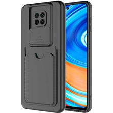 Case World Caseworld Xiaomi Redmi Note 9 Pro Kapak Lensi Açılır Kapanır Kamera Korumalı Kartvizitli Silikon Kılıf - Siyah