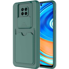 Case World Caseworld Xiaomi Redmi Note 9 Pro Kapak Lensi Açılır Kapanır Kamera Korumalı Kartvizitli Silikon Kılıf - Koyu Yeşil