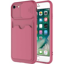 Case World Caseworld Apple iPhone 8 Kapak Lensi Açılır Kapanır Kamera Korumalı Kartvizitli Silikon Kılıf - Pudra