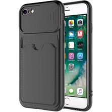 Case World Caseworld Apple iPhone 8 Kapak Lensi Açılır Kapanır Kamera Korumalı Kartvizitli Silikon Kılıf - Siyah