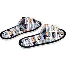 Chochili Unisex Beyaz Maskeli Kedi Desenli Önü Açık Yumuşak Tabanlı Ev Terlik