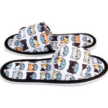 Chochili Unisex Beyaz Maskeli Kedi Desenli Önü Açık Yumuşak Tabanlı Ev Terlik