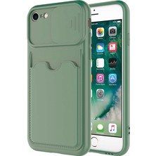 Kzy Apple iPhone 7 Kapak Lensi Açılır Kapanır Kamera Korumalı Kartvizitli Silikon Kılıf - Açık Yeşil