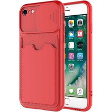 Kzy Apple iPhone Se 2020 Kapak Lensi Açılır Kapanır Kamera Korumalı Kartvizitli Silikon Kılıf - Kırmızı