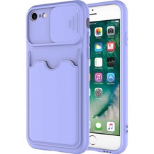Kzy Apple iPhone Se 2020 Kapak Lensi Açılır Kapanır Kamera Korumalı Kartvizitli Silikon Kılıf - Lila
