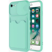 Kzy Apple iPhone Se 2020 Kapak Lensi Açılır Kapanır Kamera Korumalı Kartvizitli Silikon Kılıf - Turkuaz