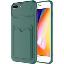 Kzy Apple iPhone 7 Plus Kapak Lensi Açılır Kapanır Kamera Korumalı Kartvizitli Silikon Kılıf - Koyu Yeşil