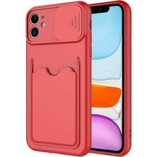 Kzy Apple iPhone 11 Kapak Lensi Açılır Kapanır Kamera Korumalı Kartvizitli Silikon Kılıf - Kırmızı
