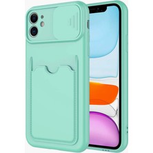 Kzy Apple iPhone 11 Kapak Lensi Açılır Kapanır Kamera Korumalı Kartvizitli Silikon Kılıf - Turkuaz