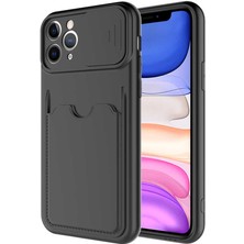 Kzy Apple iPhone 11 Pro Kapak Lensi Açılır Kapanır Kamera Korumalı Kartvizitli Silikon Kılıf - Siyah