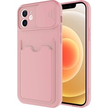 Kzy Apple iPhone 12 Kapak Lensi Açılır Kapanır Kamera Korumalı Kartvizitli Silikon Kılıf - Pudra
