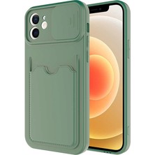 Kzy Apple iPhone 12 Kapak Lensi Açılır Kapanır Kamera Korumalı Kartvizitli Silikon Kılıf - Açık Yeşil