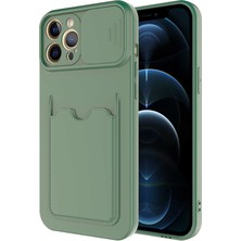 Kzy Apple iPhone 12 Pro Kapak Lensi Açılır Kapanır Kamera Korumalı Kartvizitli Silikon Kılıf - Açık Yeşil