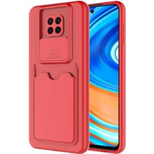 Kzy Xiaomi Redmi Note 9 Pro Kapak Lensi Açılır Kapanır Kamera Korumalı Kartvizitli Silikon Kılıf - Kırmızı