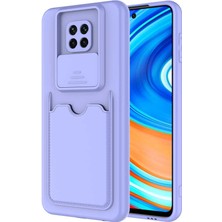 Kzy Xiaomi Redmi Note 9s Kapak Lensi Açılır Kapanır Kamera Korumalı Kartvizitli Silikon Kılıf - Lila