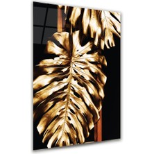 Glass Art Altın Desenli Yaprak Dikey Cam Tablo