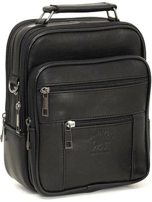 Avca Erkek Siyah Telefon Bölmeli Çelik Kasalı Hakiki Deri El Çantası