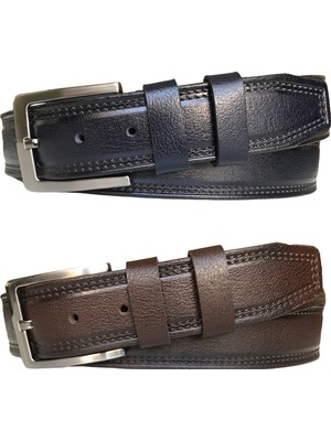 Goderi Deri 2'li Set, Desenli Kemer; Kahverengi, Lacivert 4 cm
