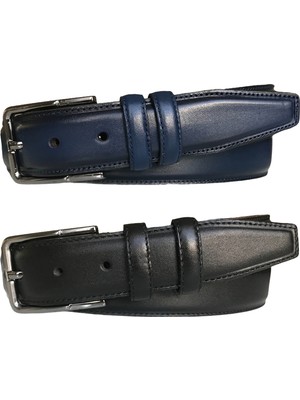 GoDeri Deri 2'li Set, Dikişli Klasik Kumaş Pantolon Kemeri; Siyah, Lacivert 3,5 cm