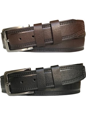 GoDeri Deri 2'li Set, Desenli Kemer; Siyah, Kahverengi 4 cm