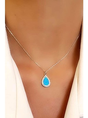 Ose Shop Zirkon Taş Detaylı Opal Taşlı Italyan 925 Ayar Gümüş Damla Kolye