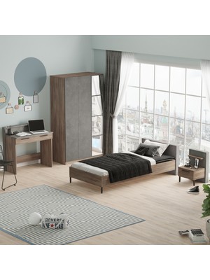 Robin Home Dream Genç Odası Takımı 4'lü Set Karyola Komodin Gardrop Çalışma Masası Kahve-Beton DR11