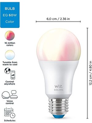 Wiz-Wi-Fi Renkli Ambiyans Akıllı Ampul - 60W - A60 - E27 Normal Duy