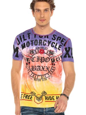 Cipo & Baxx CT580 Taşlı Logo Mor Turuncu Sarı Renk Motor Club Tshirt